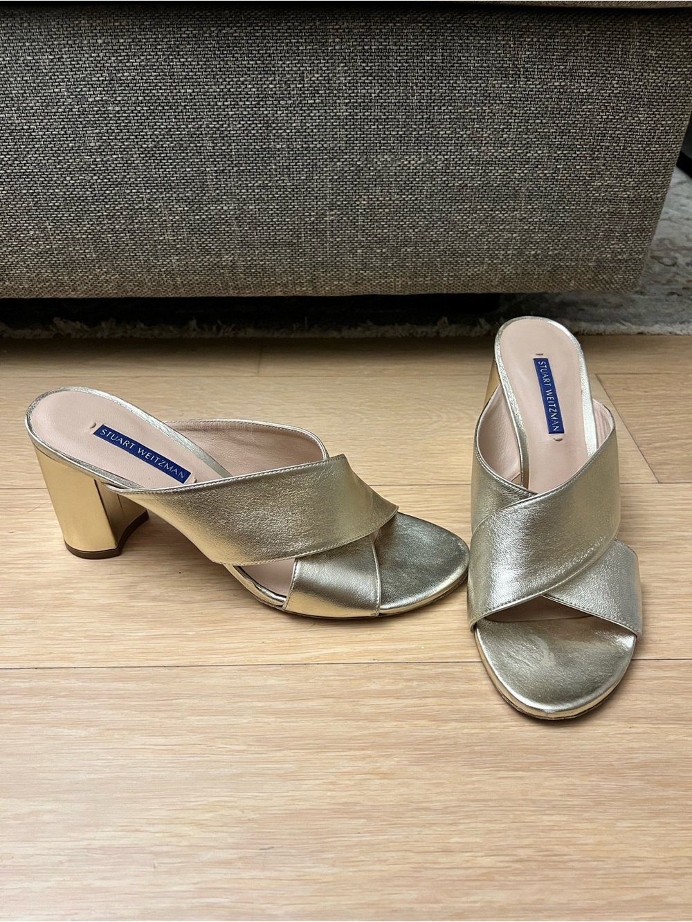 Stuart Weitzman Metallic Gold Crossband Mule Heels